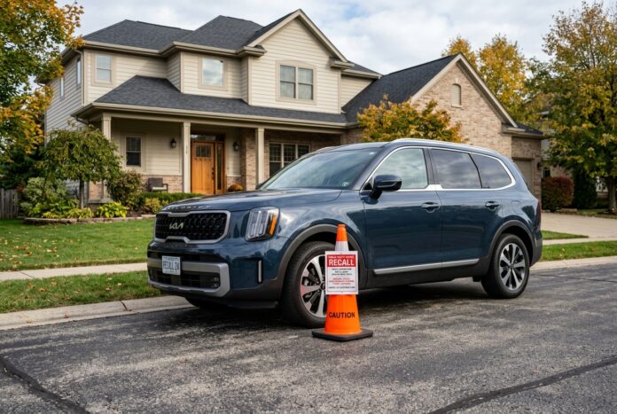 Kia Telluride SUV parked outside with warning cone - seat fire recall safety